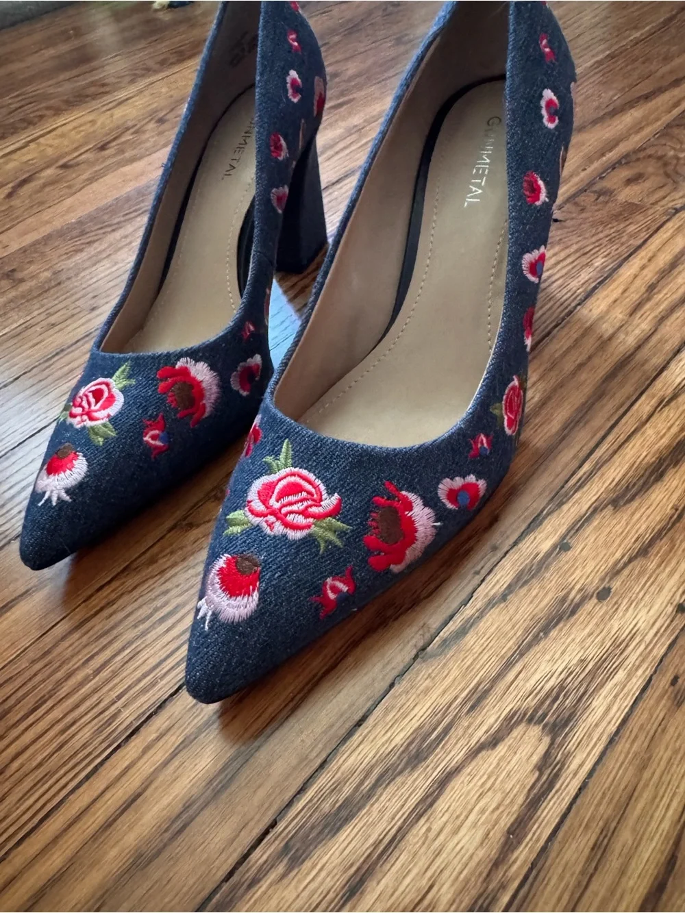 Embroidered Denim Pointed-Toe Pumps in Blue with Red Floral Detail